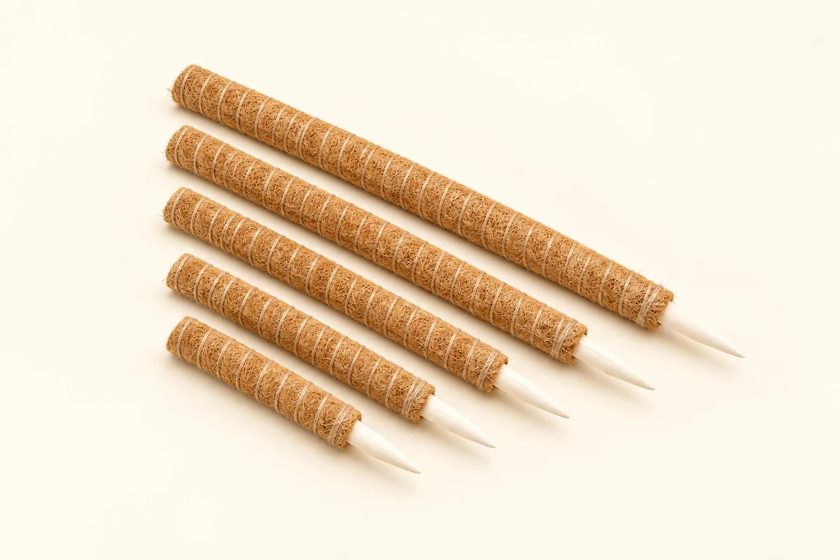 Coconut coir grow poles with jute wrapping and pointed wooden stakes