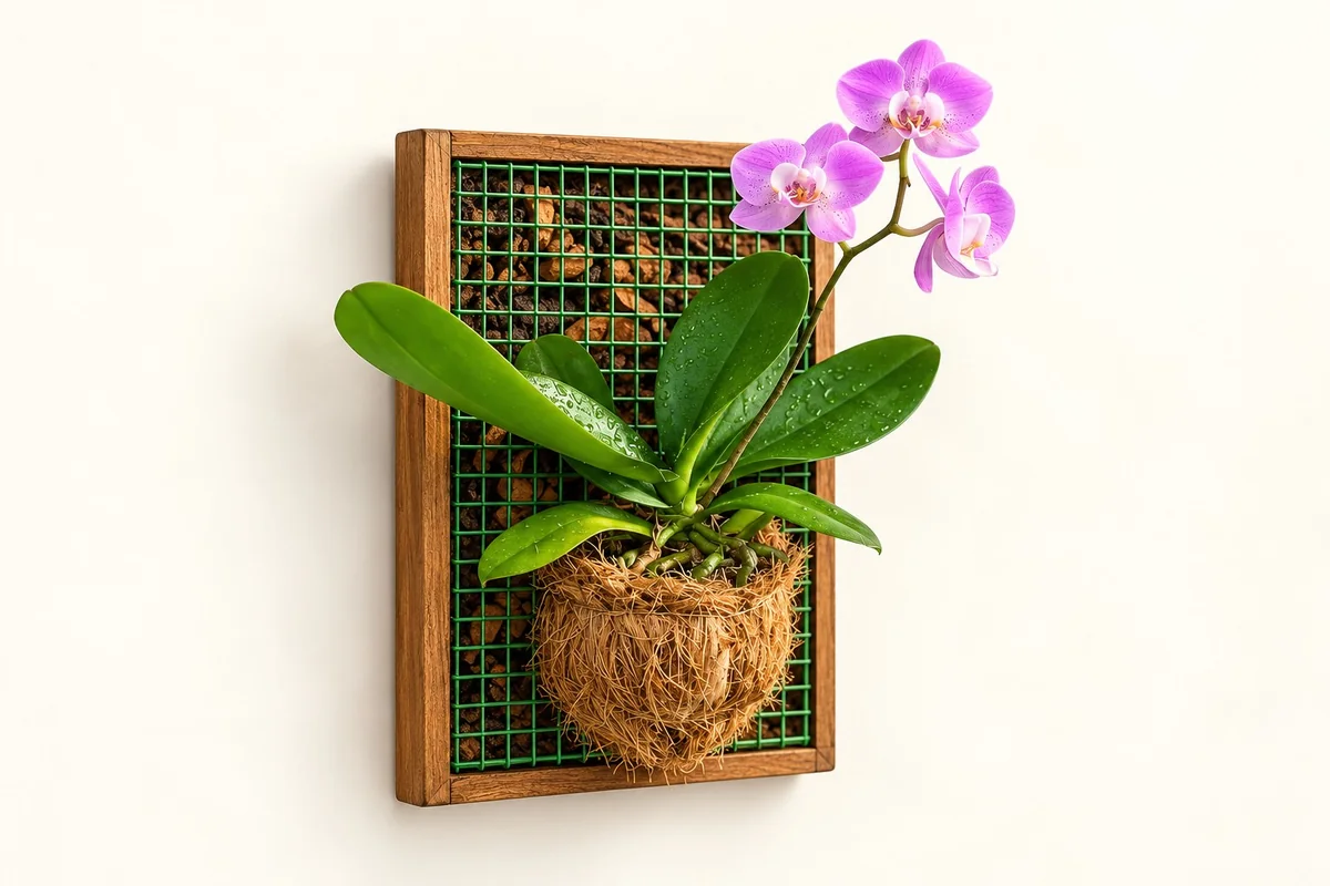 Wooden hanging orchid support with green mesh, coir pocket and pink orchid flowers